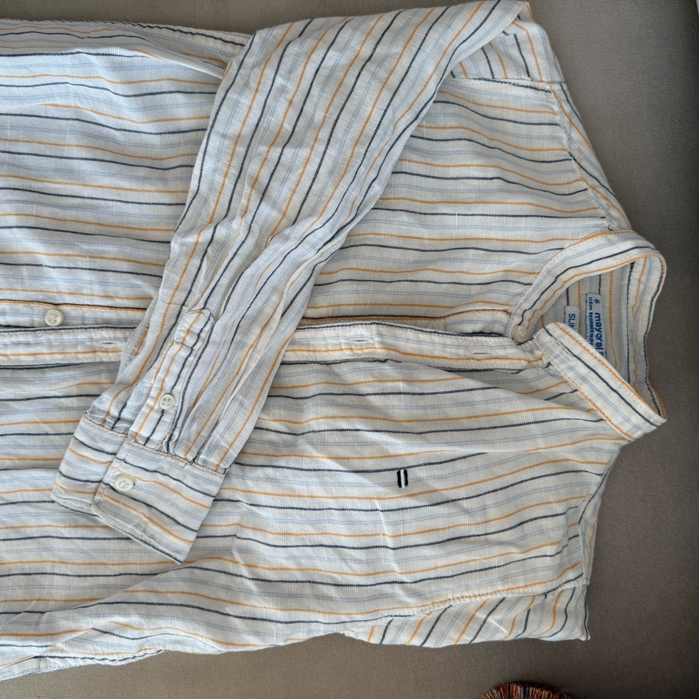 Mayoral White and Blue Striped Button-Down Shirt